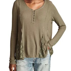 Lucky brand Henley v neck lace-godet swing top